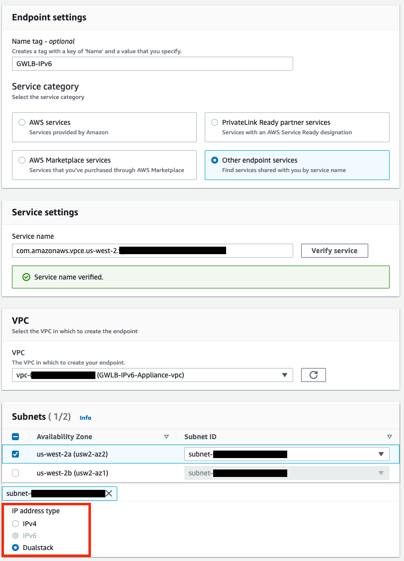 Endpoint creation highlighting 'Dualstack' is selected under Subnets