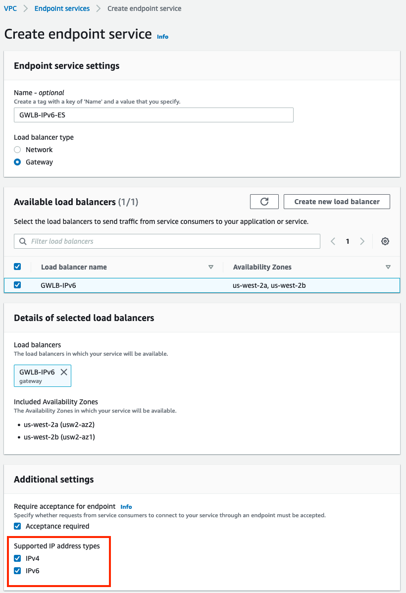 Endpoint Service configuration, highlighting both IPv4 and IPv6 address types are checked
