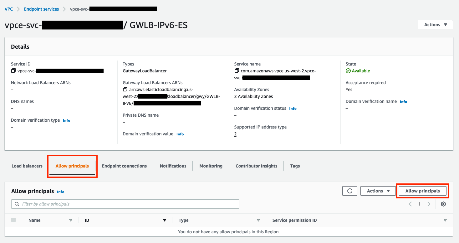 Allow principals button highlighted on the Allow principals tab of an Endpoint Service