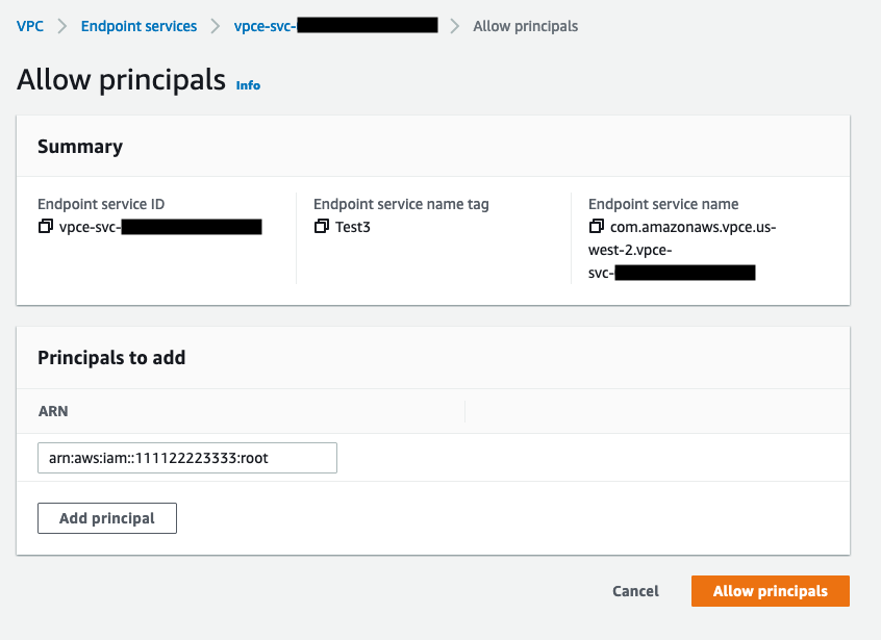 Allow principals screen showing a filled in ARN