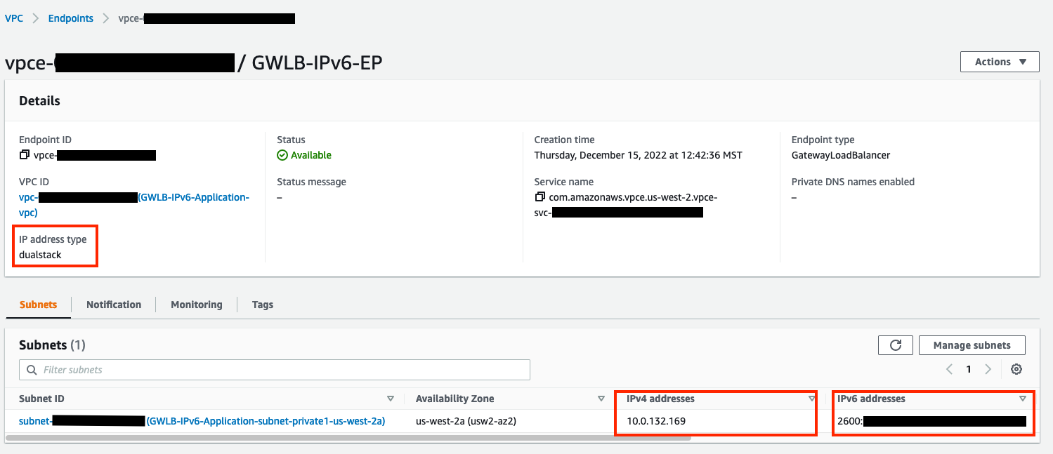 Endpoint configuration showing dualstack IP address type, IPv4, and IPv6 addresses highlighted