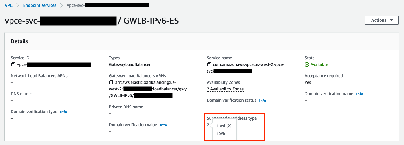 Endpoint service configuration highlighting ipv4 and ipv6