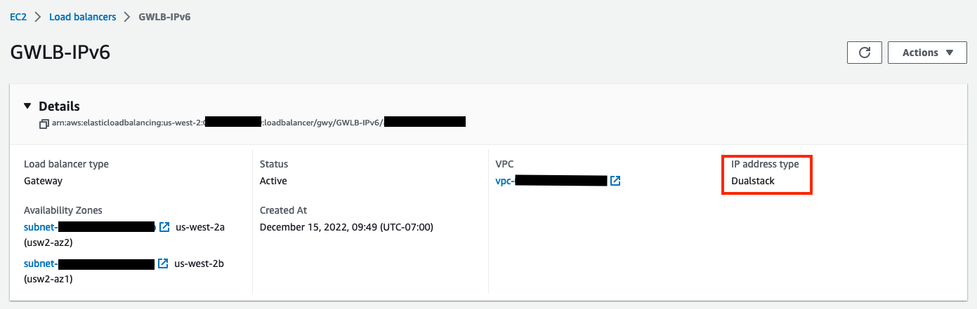GWLB configuration with 'Dualstack' highlighted