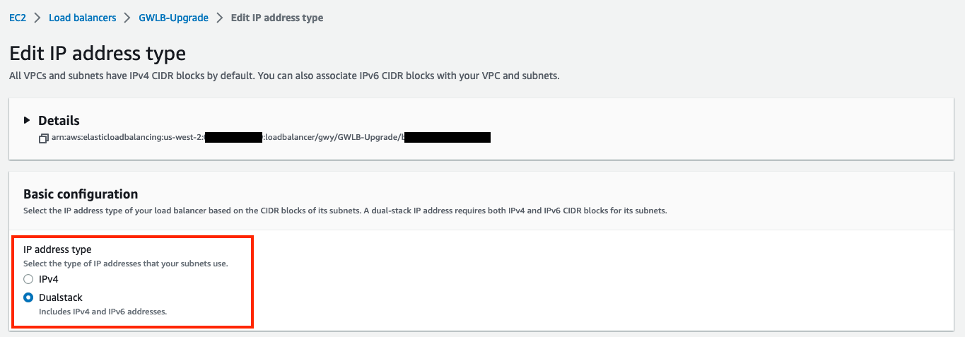 Load balancer Edit IP address type with Dualstack selection highlighted