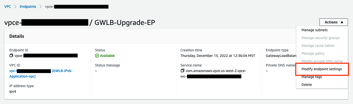 Endpoint screen with Modify endpoint settings in the Actions dropdown highlighted
