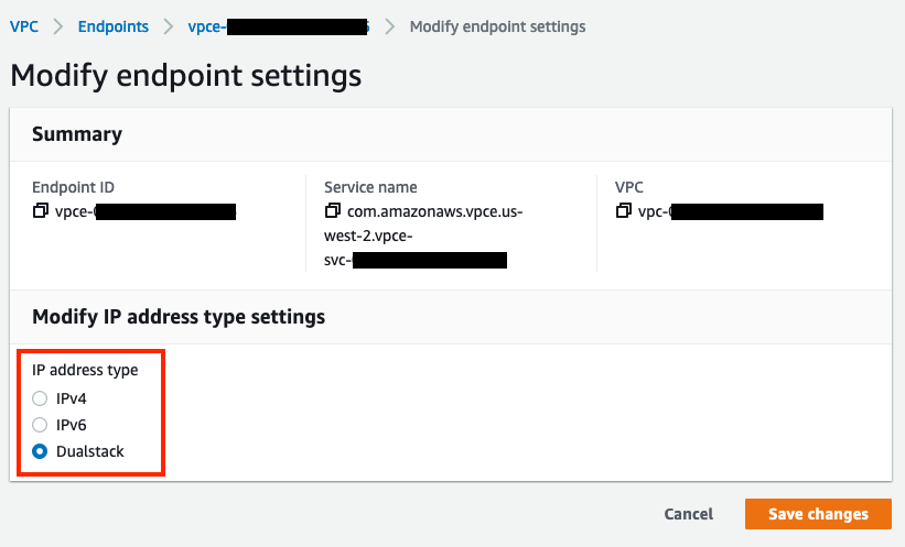 Modify IP address type settings with Dualstack highlighted
