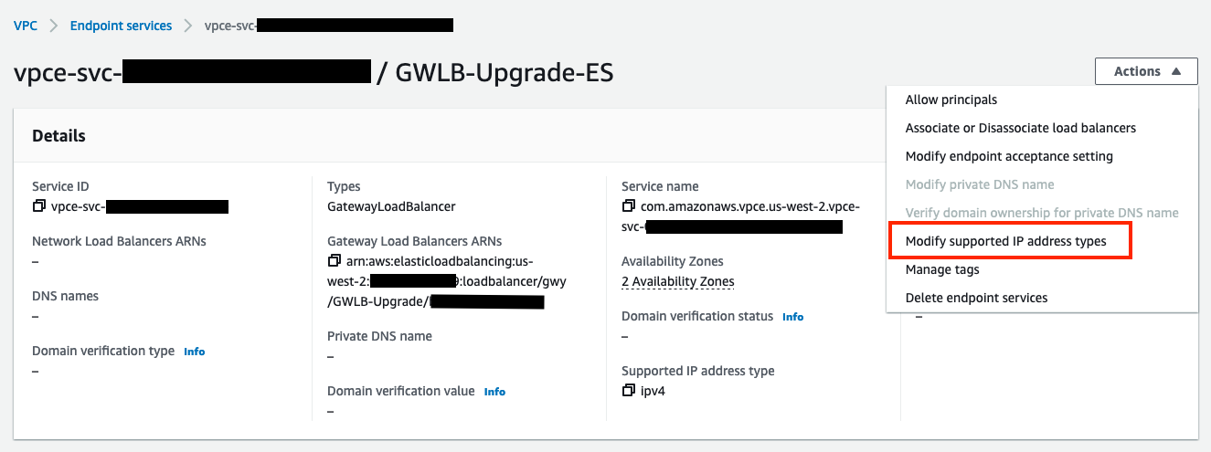 VPC Endpoint Service screen highlighting Modify supported IP address types from the Actions dropdown