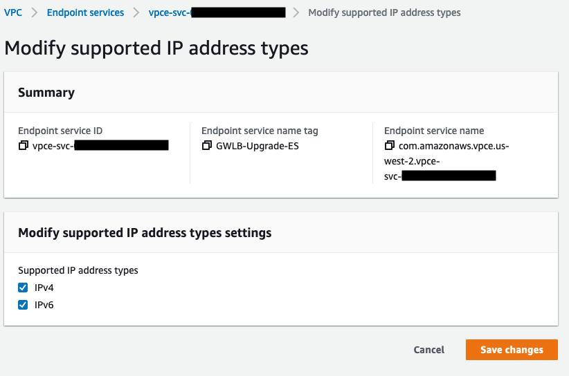 Modify supported IP address types screen highlighting IPv4 and IPv6 being checked
