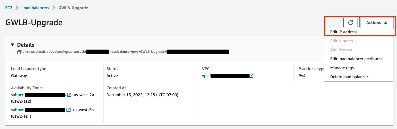 Load Balancer configuration with 'Edit IP address' action highlighted