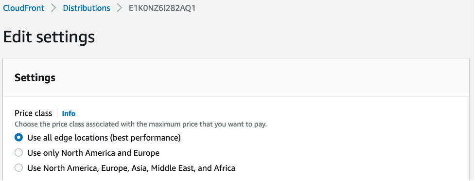 Screenshot of AWS console showing settings to select all edge locations