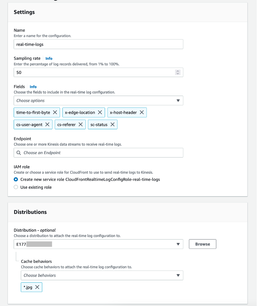 Screenshot of AWS console showing Cloudfront logs settings