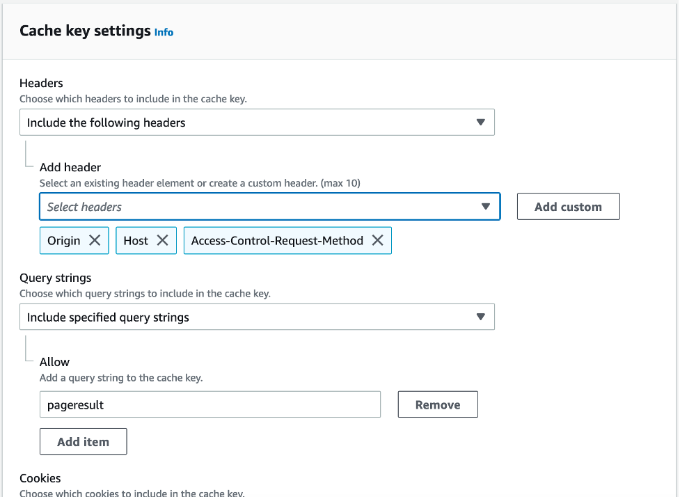 Screenshot of AWS console showing cache key settings