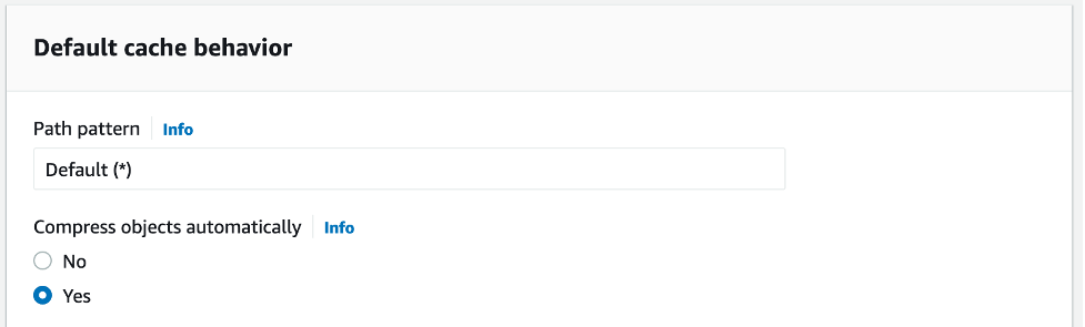 Screenshot of AWS console showing default cache behavior compression settings