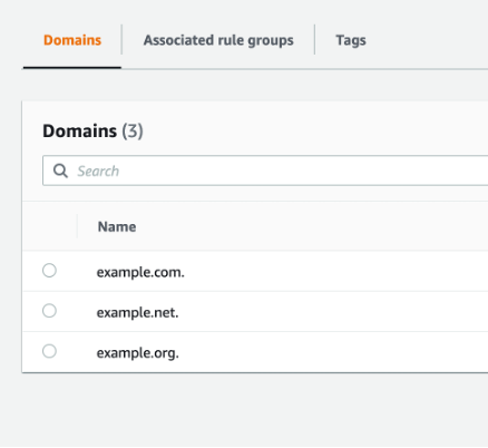 Screen shot displaying the Route 53 Resolver DNS firewall domain list portion of the AWS console