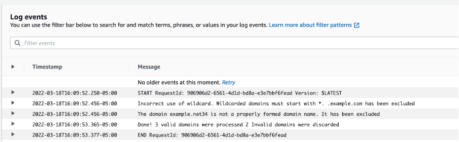 Screen shot displaying the Log events of successfully imported domains and any that are excluded in the log events section of the CloudWatch service in the AWS Console.
