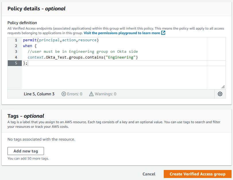 Figure 9: AWS Verified Access policy Configuration