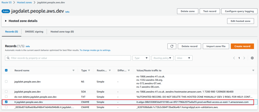 Figure 11: Entry in an Amazon Route53 Public Hosted Zone