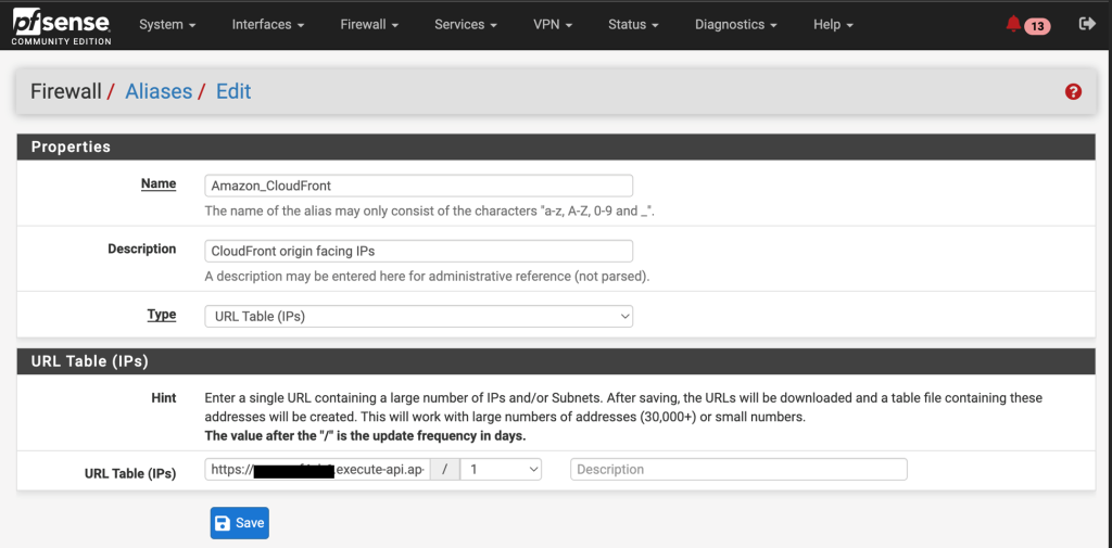 Figure 11 URL Table Alias in pfSense