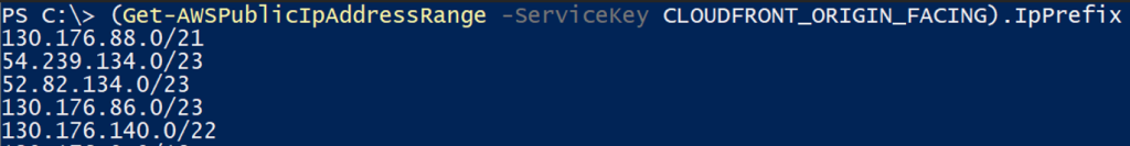 Figure 2 Retrieve CloudFront IP prefixes using AWS Tools for Windows PowerShell