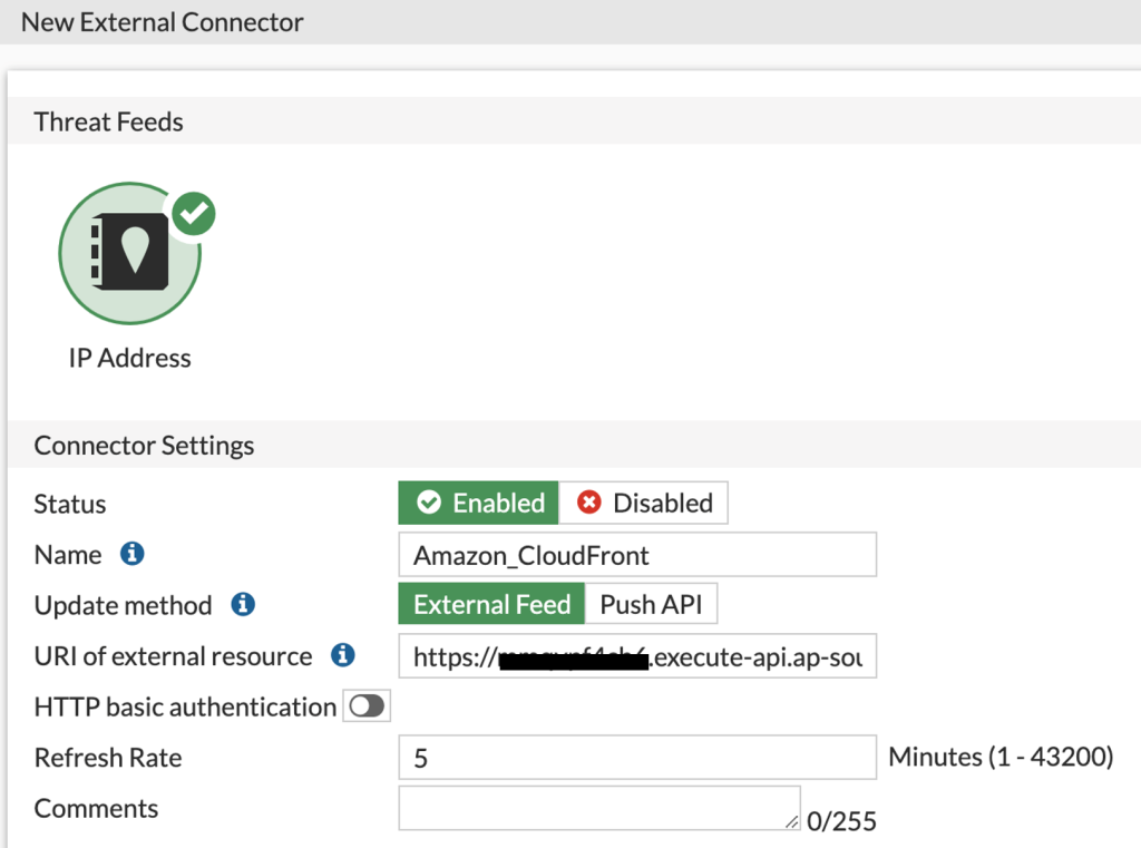 Figure 7 New External Connector in Fortinet firewall