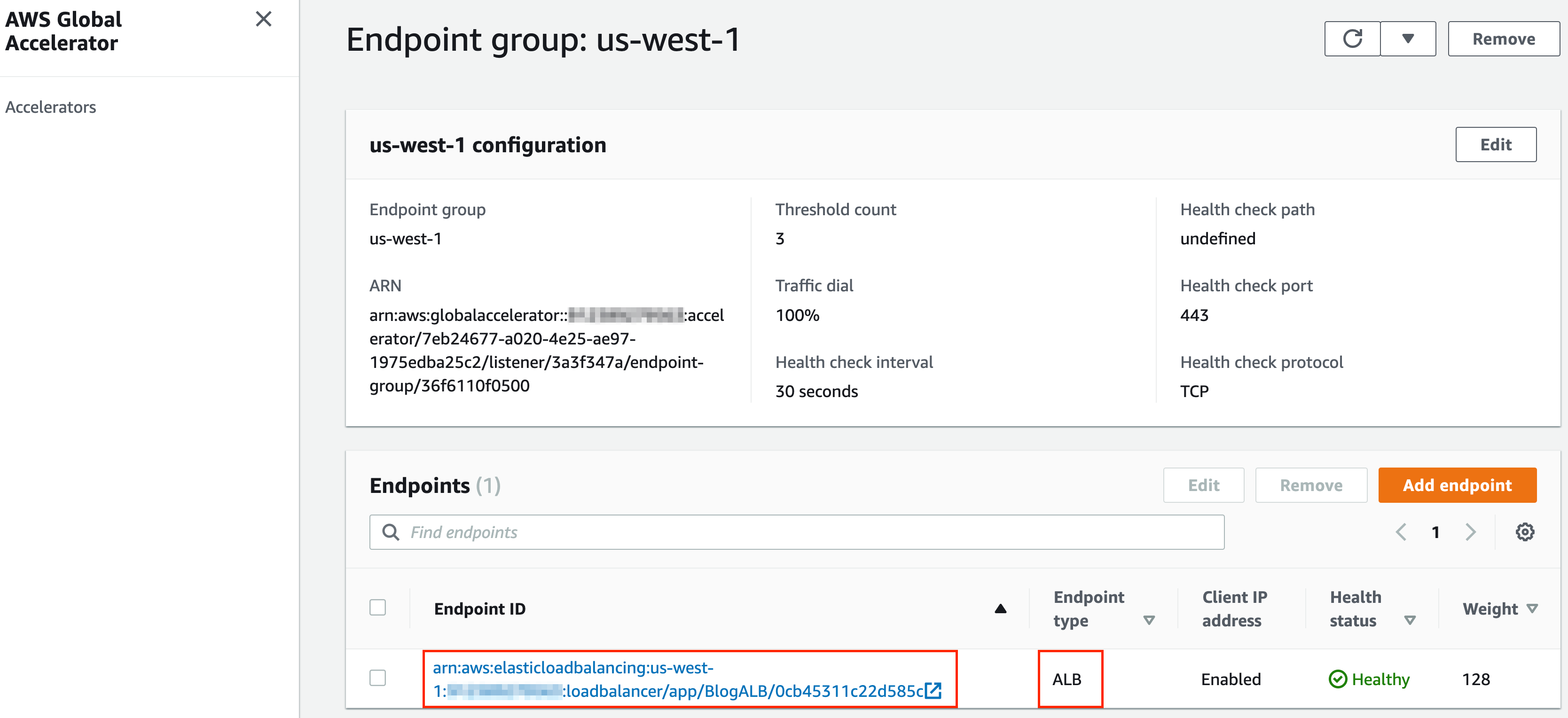 Screeenshot of AWS Global Accelerator endpoint configuration