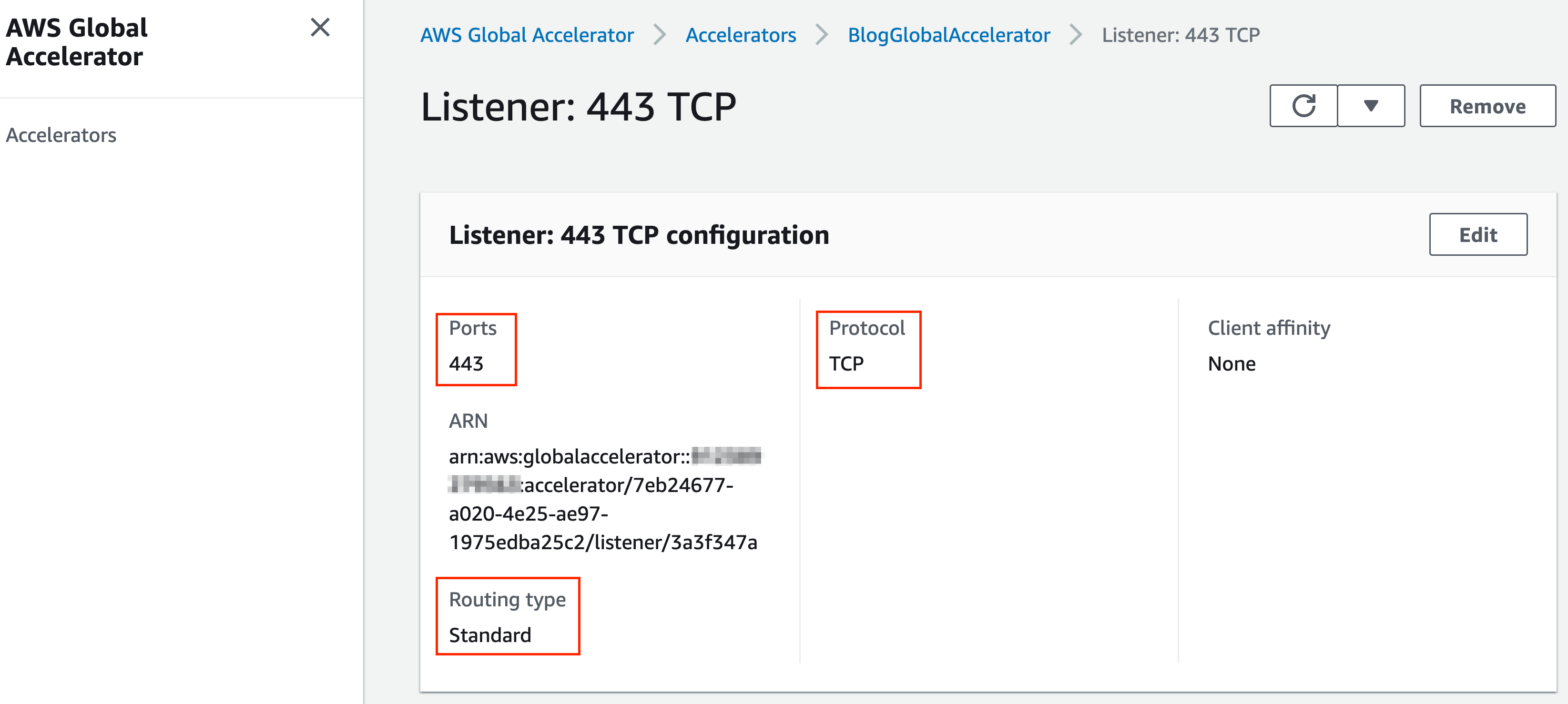 Screenshot of AWS Global Accelerator listener configuration