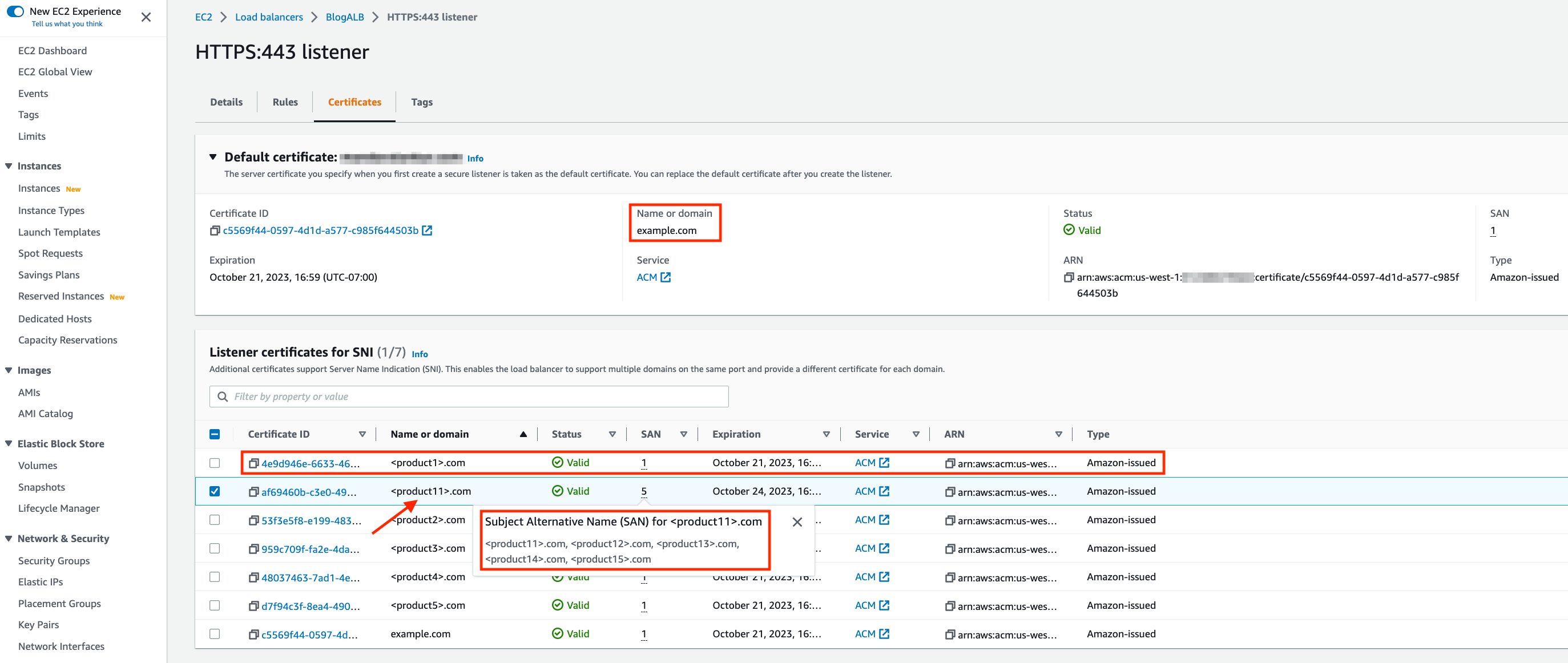 Screenshot of Application Load Balancer certificates configuration