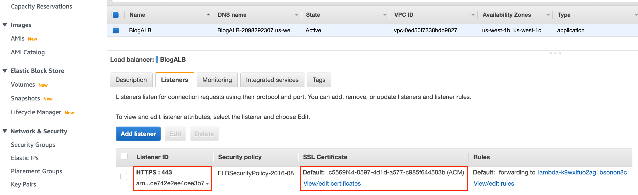 Screenshot of ALB Listeners configuration