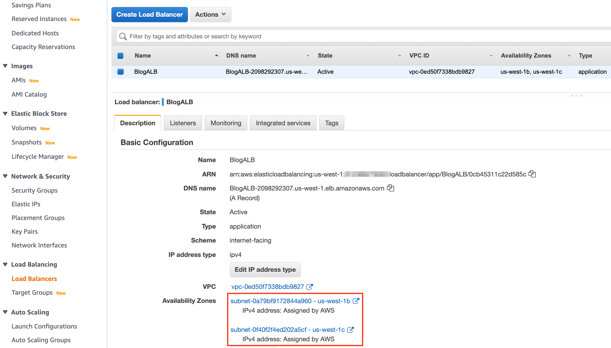 Screenshot of Application Load Balancer network configuration