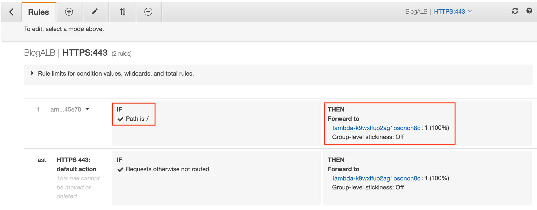 Screenshot of ALB Listener rules configuration