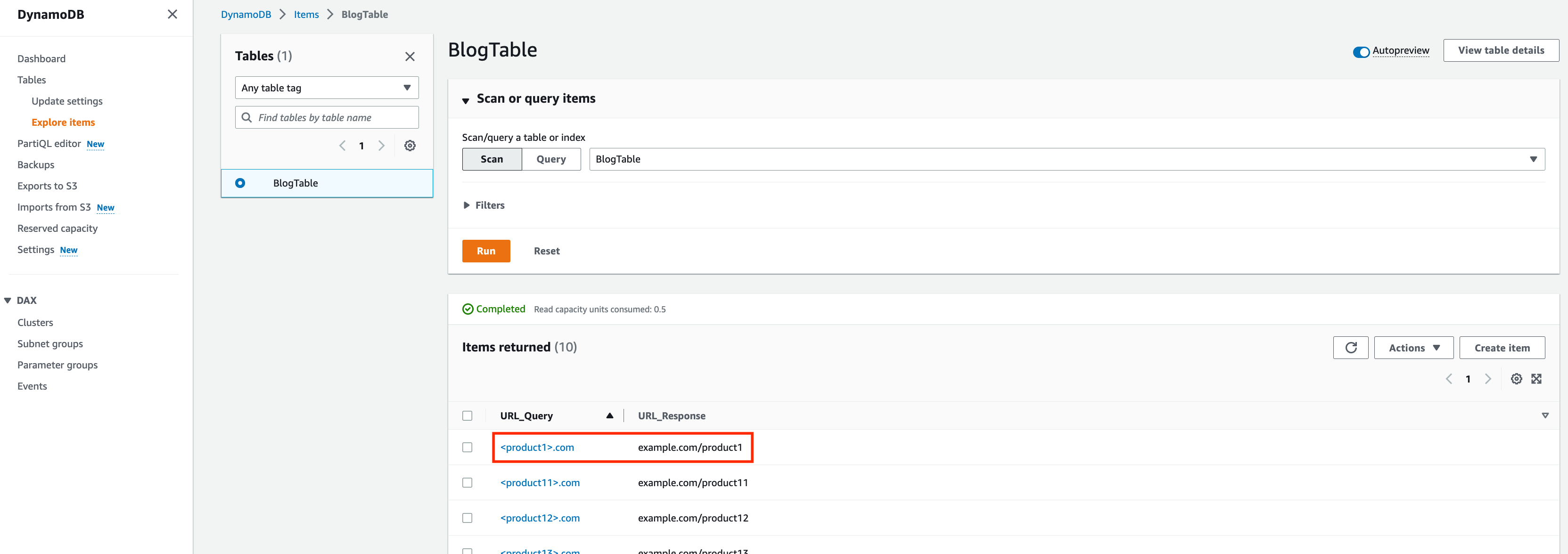 Screenshot of DynamoDB table configuration
