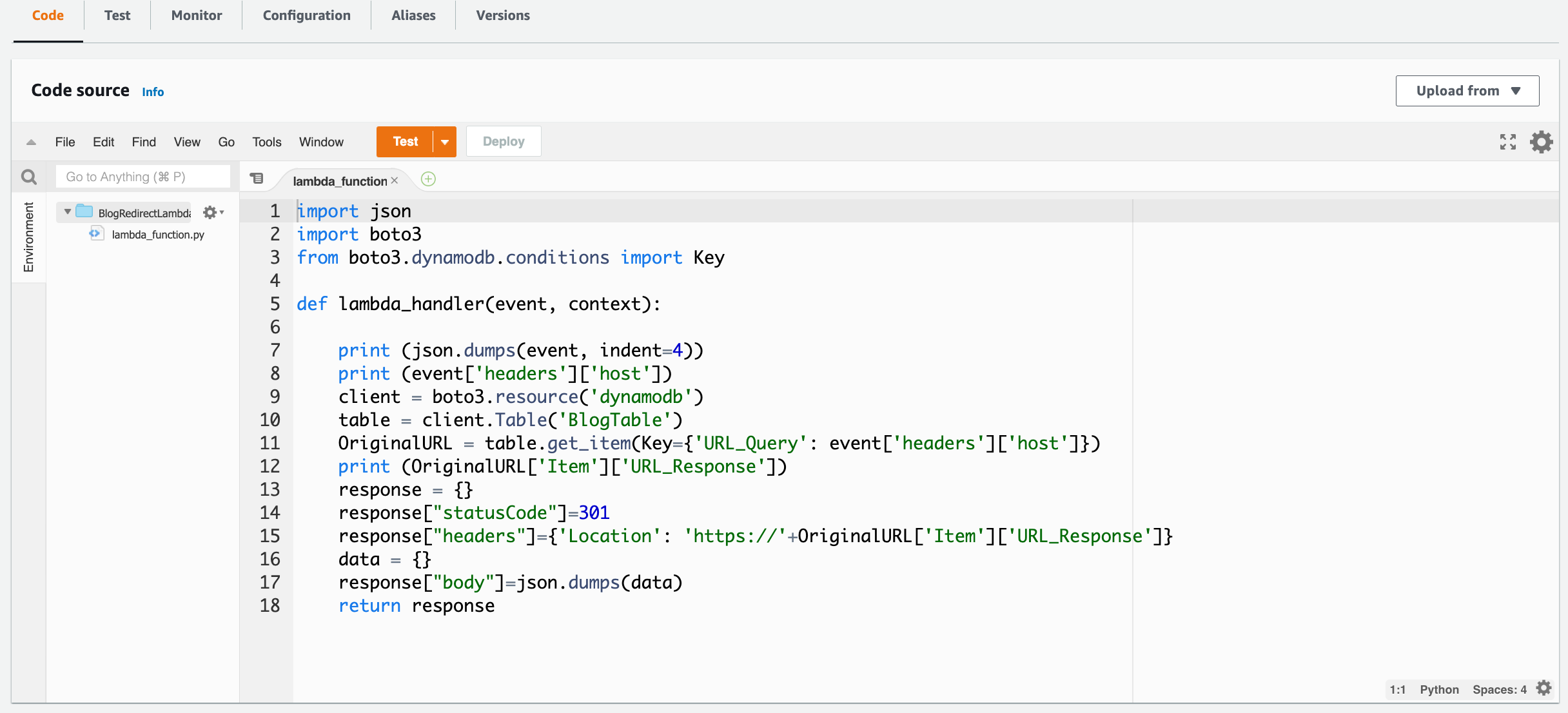 Screenshot of Lambda code