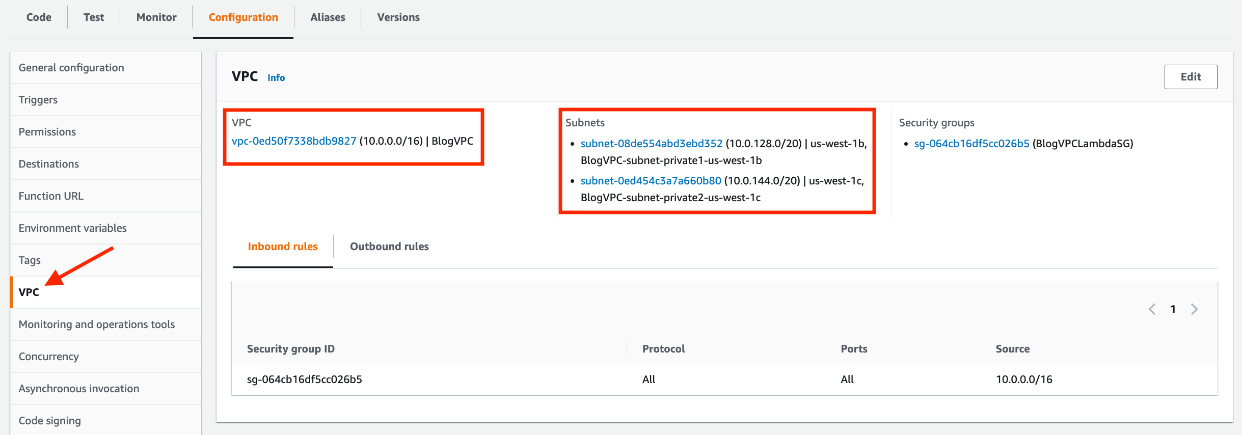 Screenshot of Lambda VPC configuration