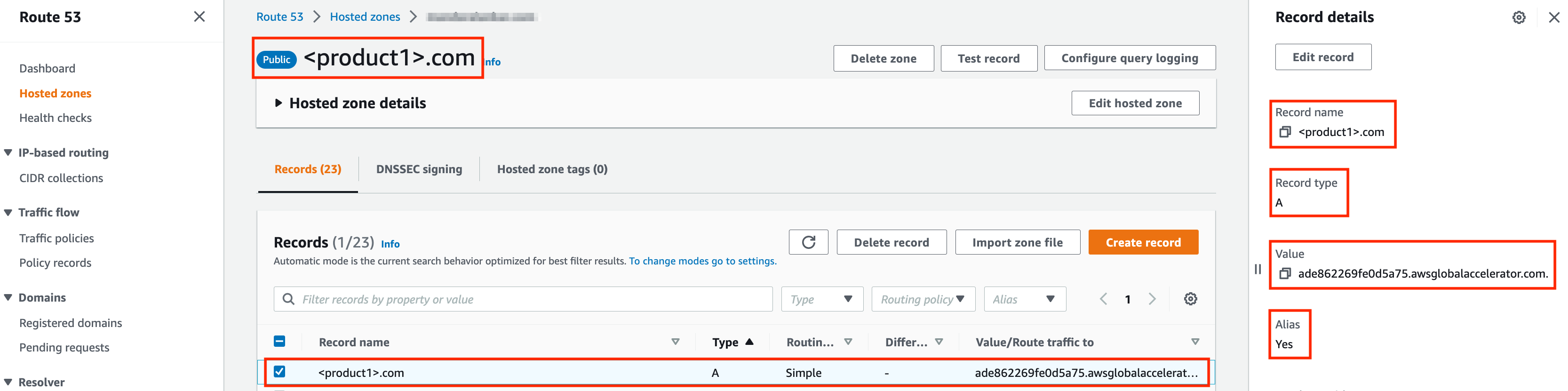 Screenshot of Route 53 configuration