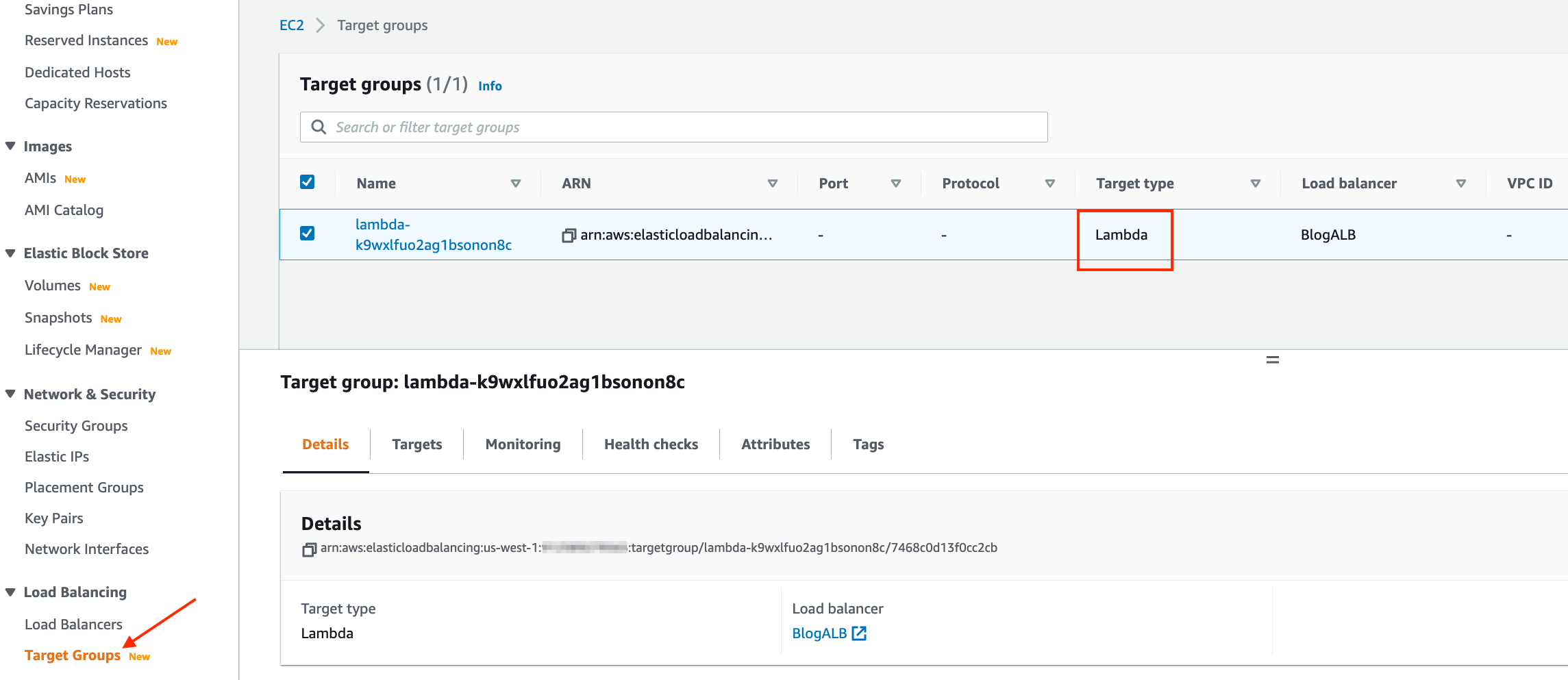 Screenshot of ALB Target Group configuration