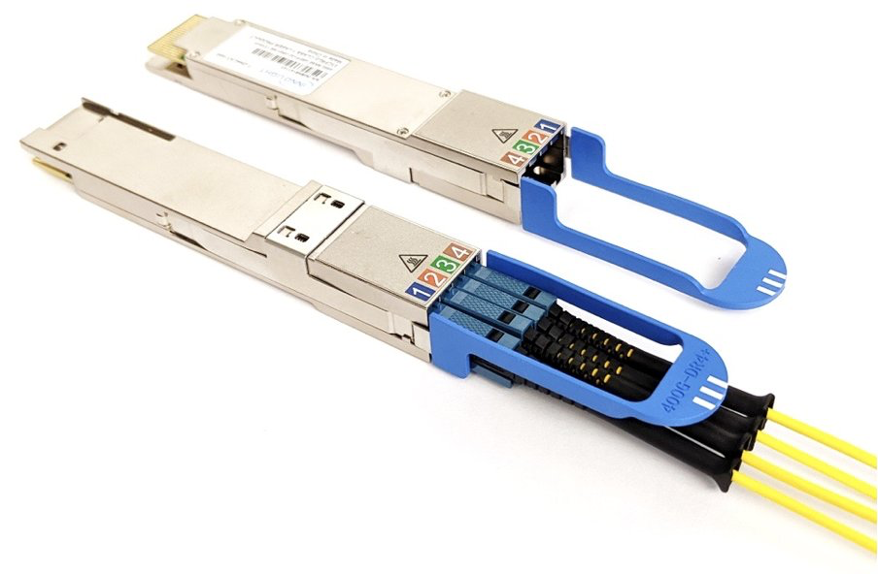 Figure 3: Quad Small Form Factor Pluggable-Double Density (QSFP-DD) optical transceiver for an aggregate data rate of 400Gb/s across four channels of parallel optical signals of 100Gb/s each. This is the most common optic in the AWS Edge network for internal usage.