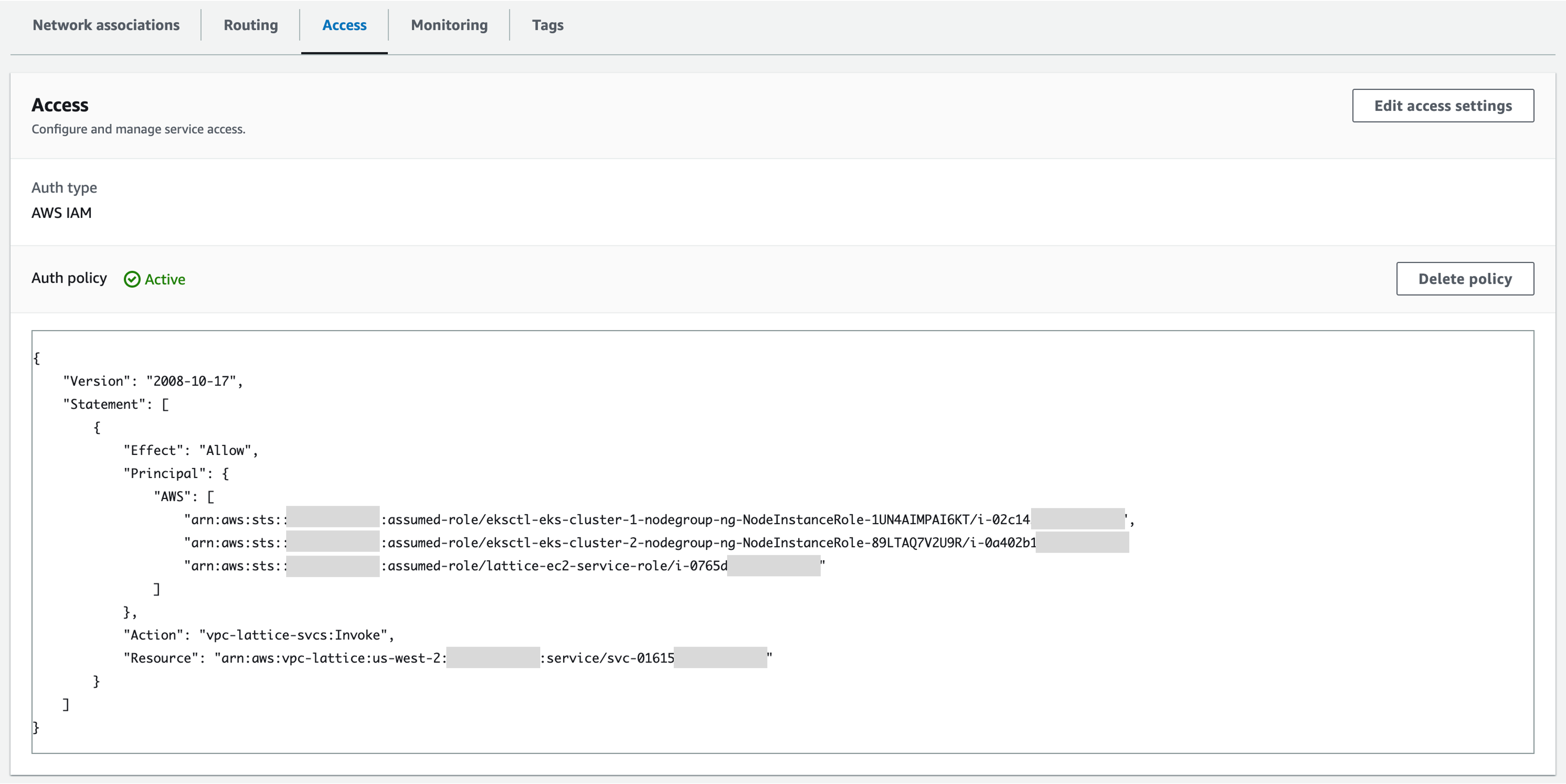 Service3 auth policy showing the Principal, Effect, Action, Resource and Condition.
