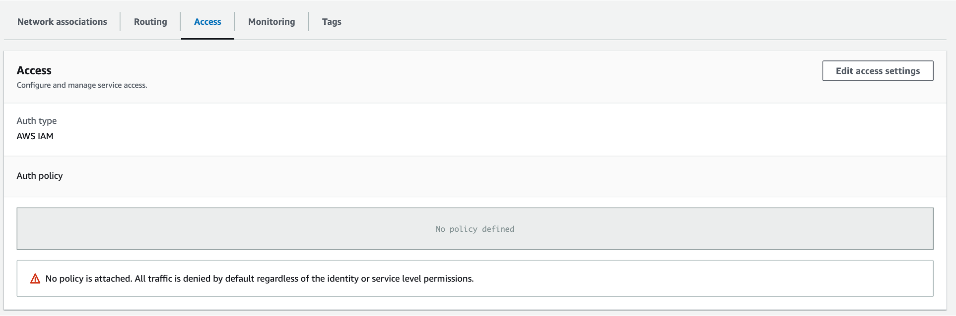 Service1 empty auth policy implying a default deny of access.