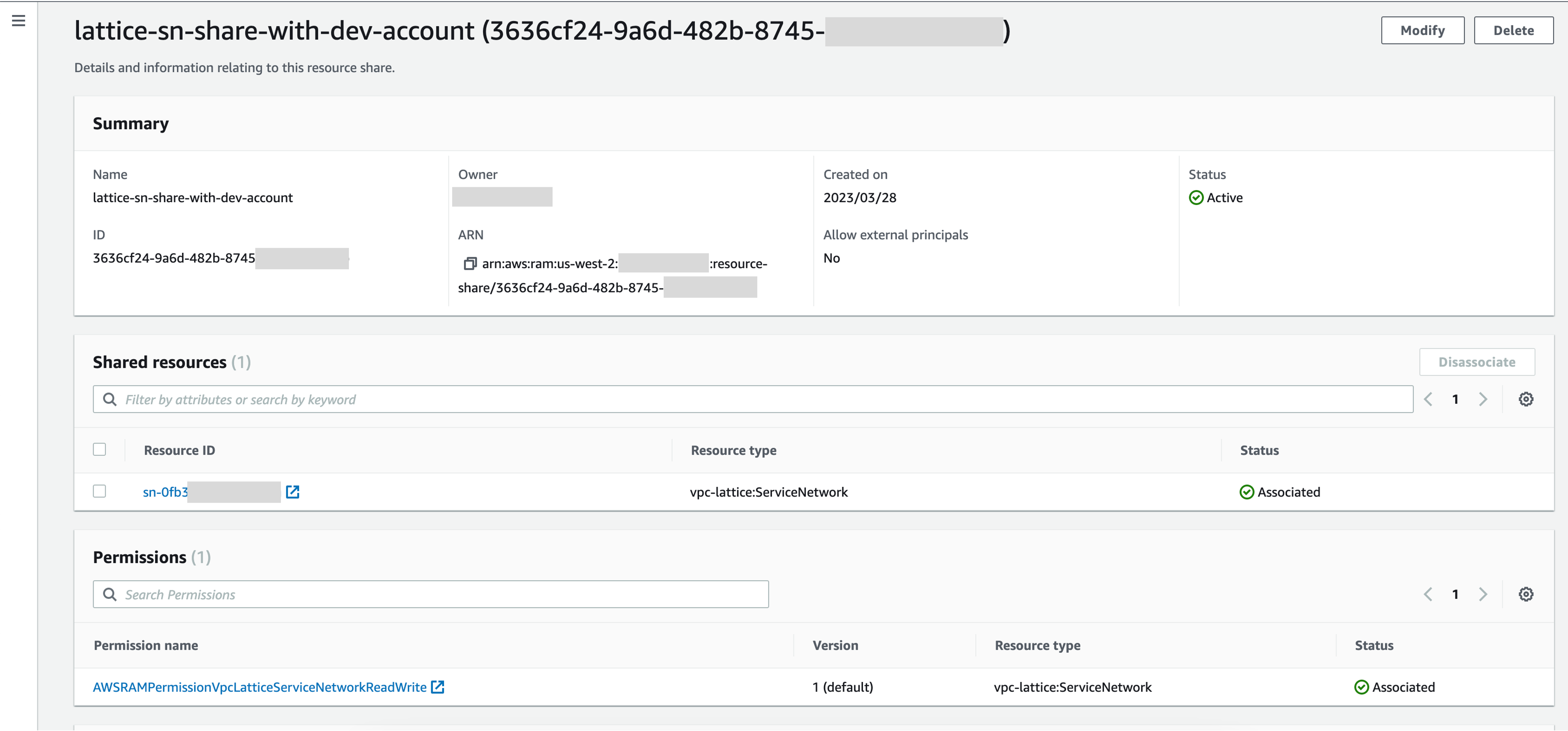 AWS RAM resource share configured in account 4 for the VPC Lattice service network