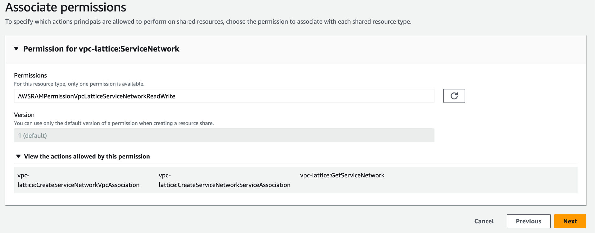 AWS RAM Principals permissions for the VPC Lattice service network resource share 