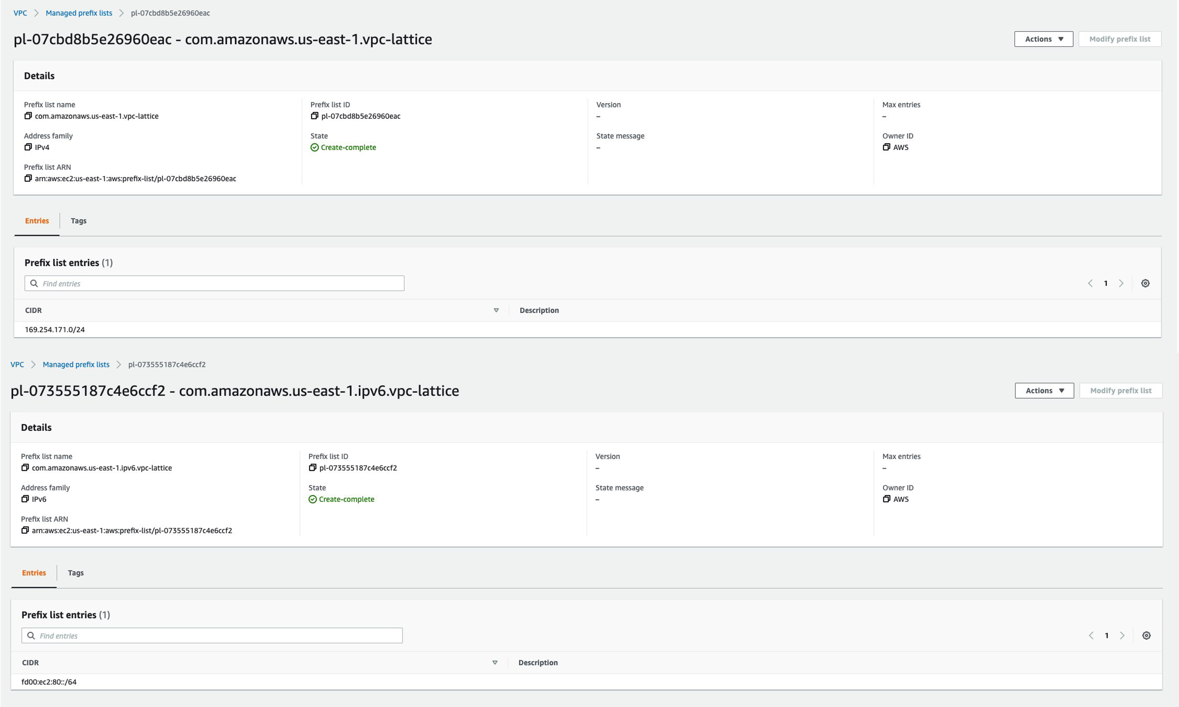 VPC Lattice managed prefix lists for IPv5 and IPv6 in the AWS account