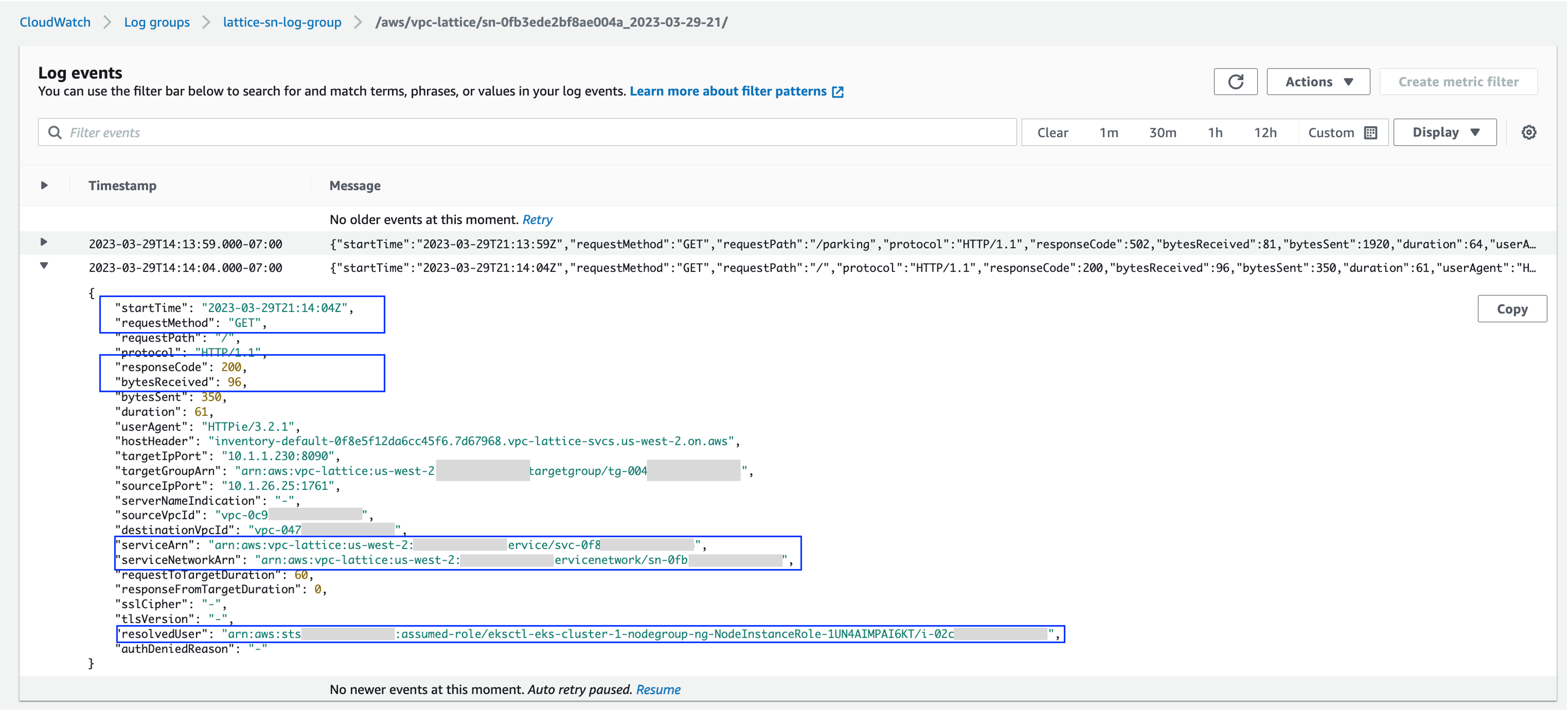 VPC Lattice service network access logs showing Service1 accessing Service2