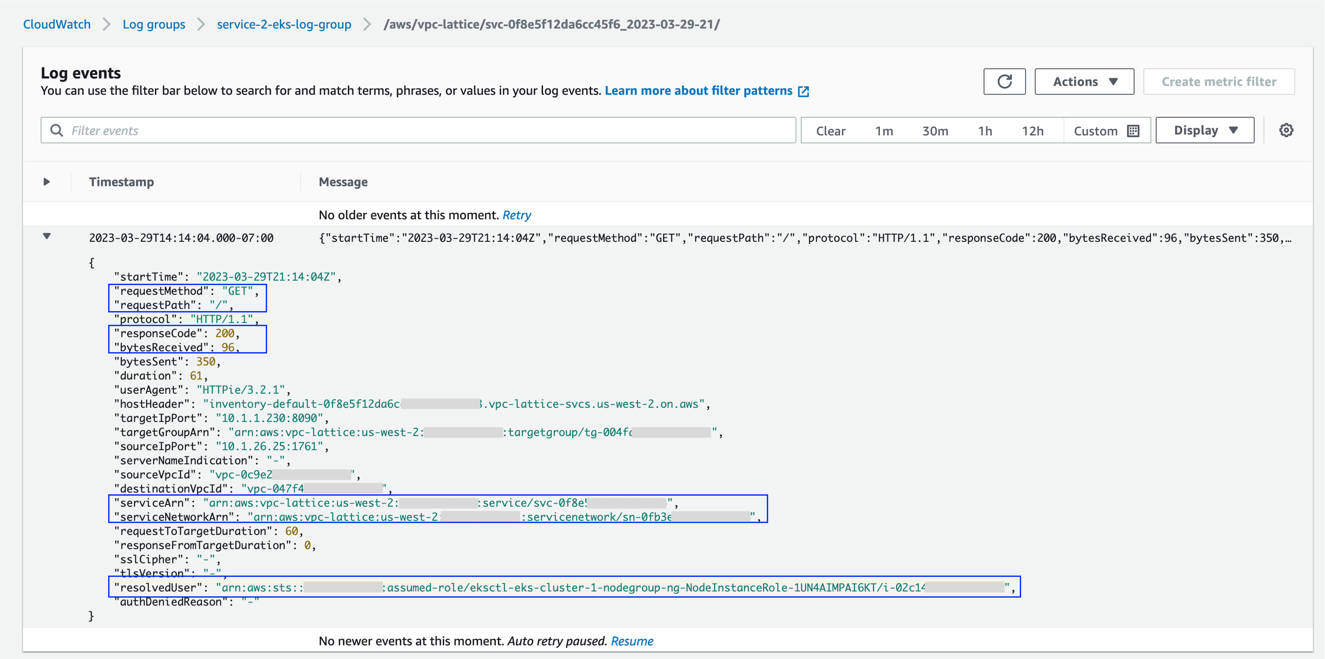 VPC Lattice Service2 access logs showing Service1 accessing Service2