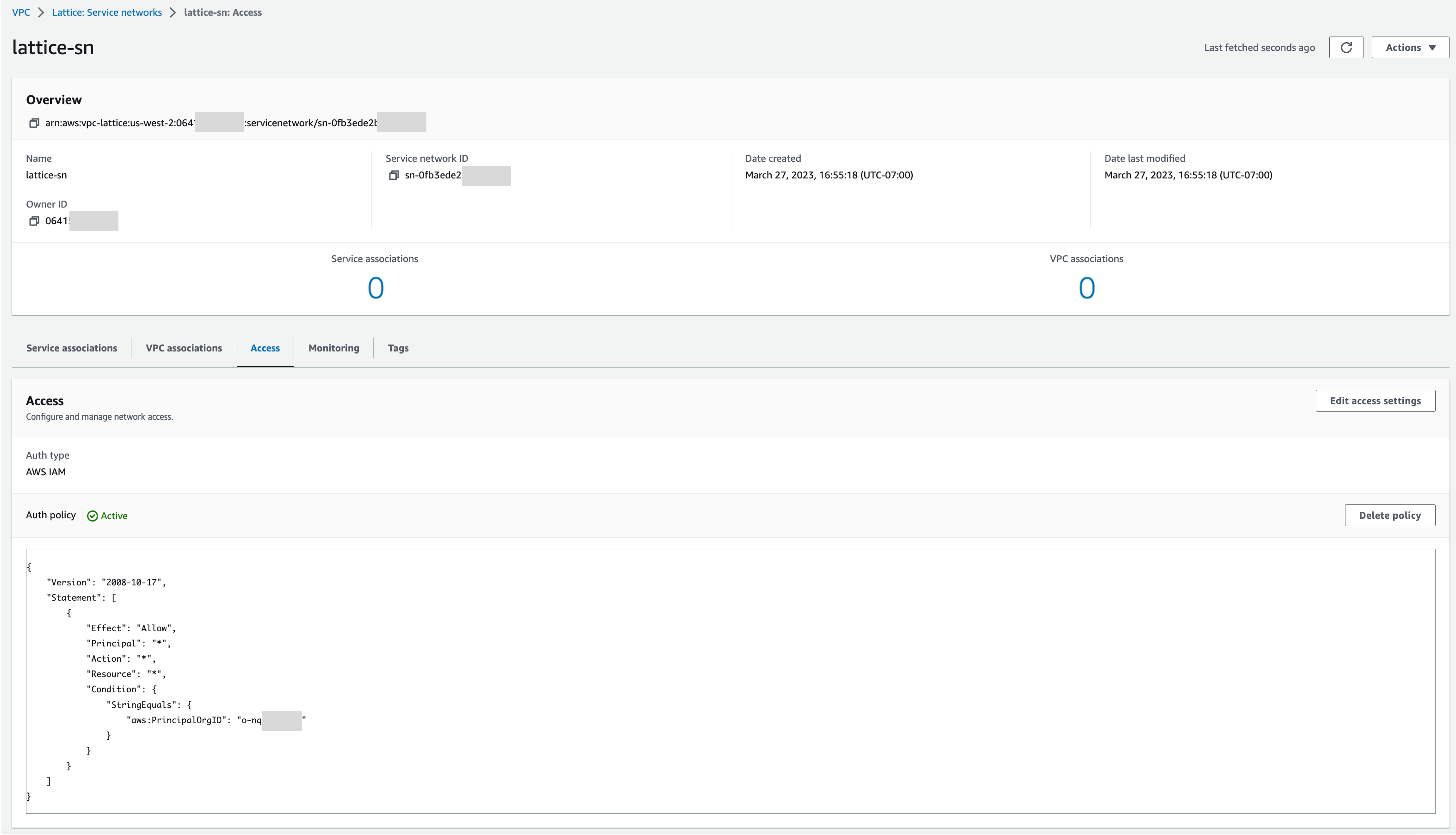 VPC Lattice service network auth policy, configured to permit only traffic from within the AWS Organization