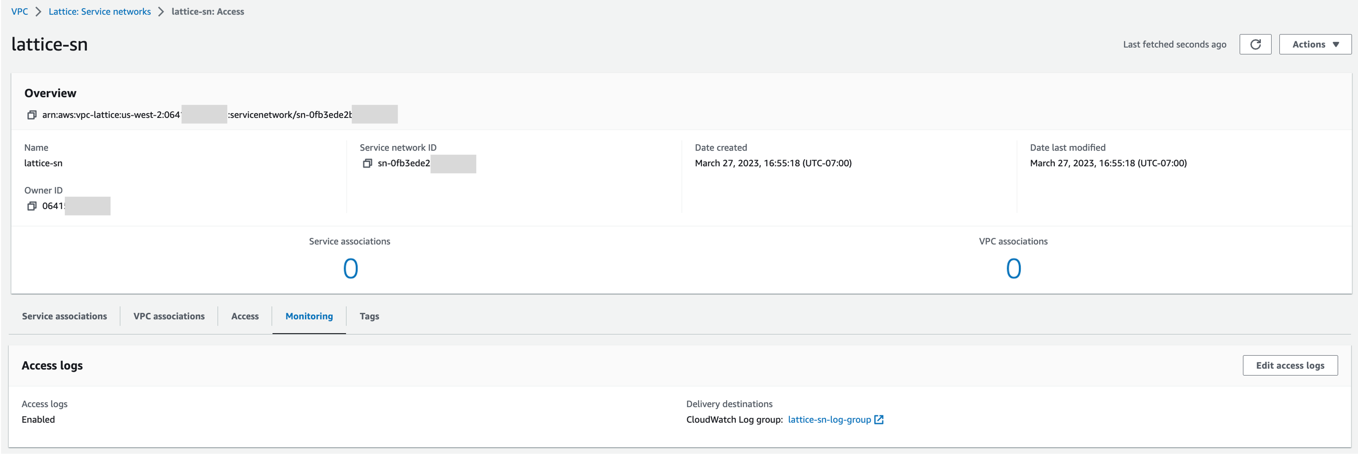 VPC Lattice service network monitoring configuration set to export access logs to a CloudWatch log group