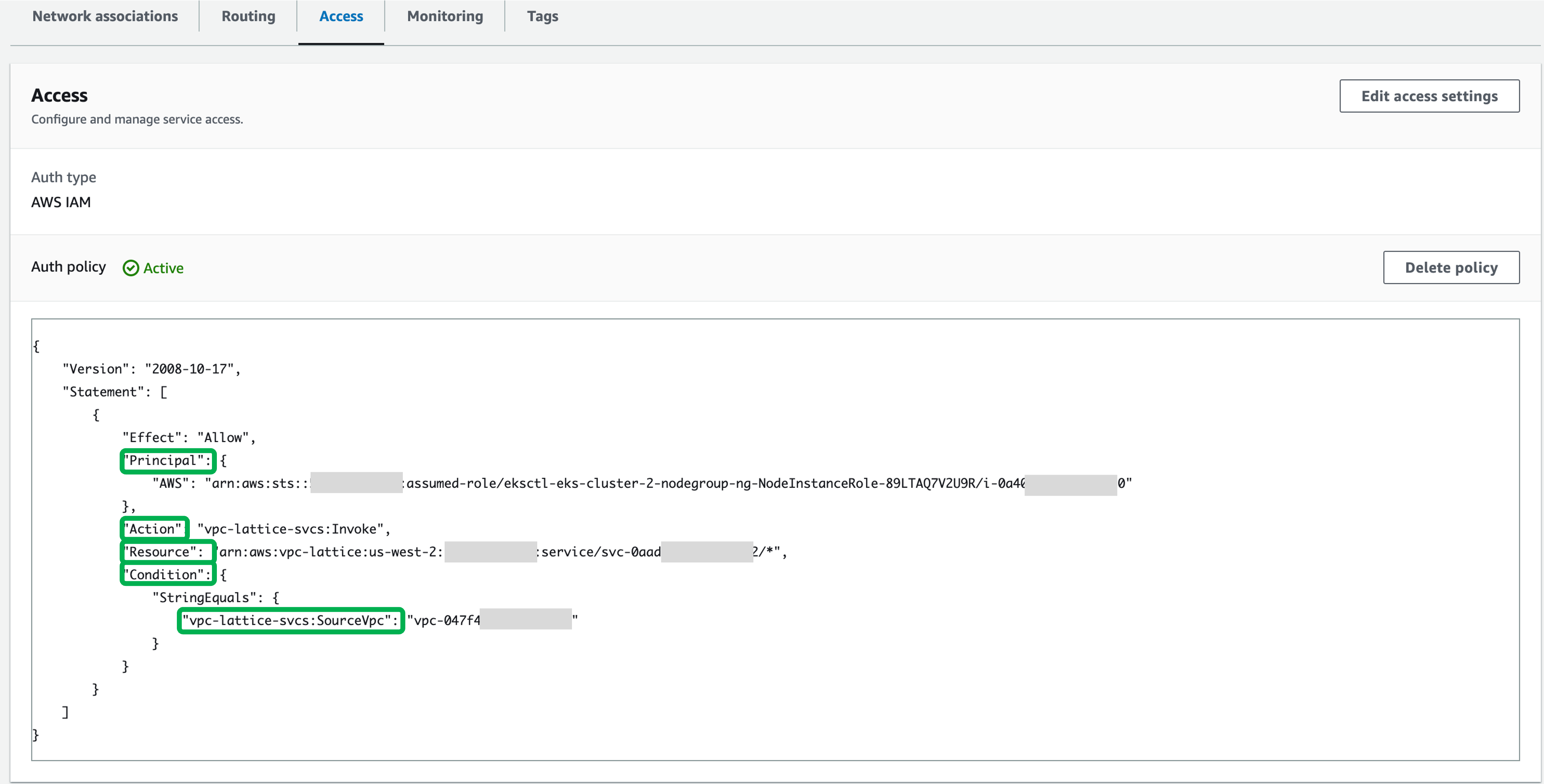 Service1 auth policy showing the Principal, Effect, Action, Resource and Condition.