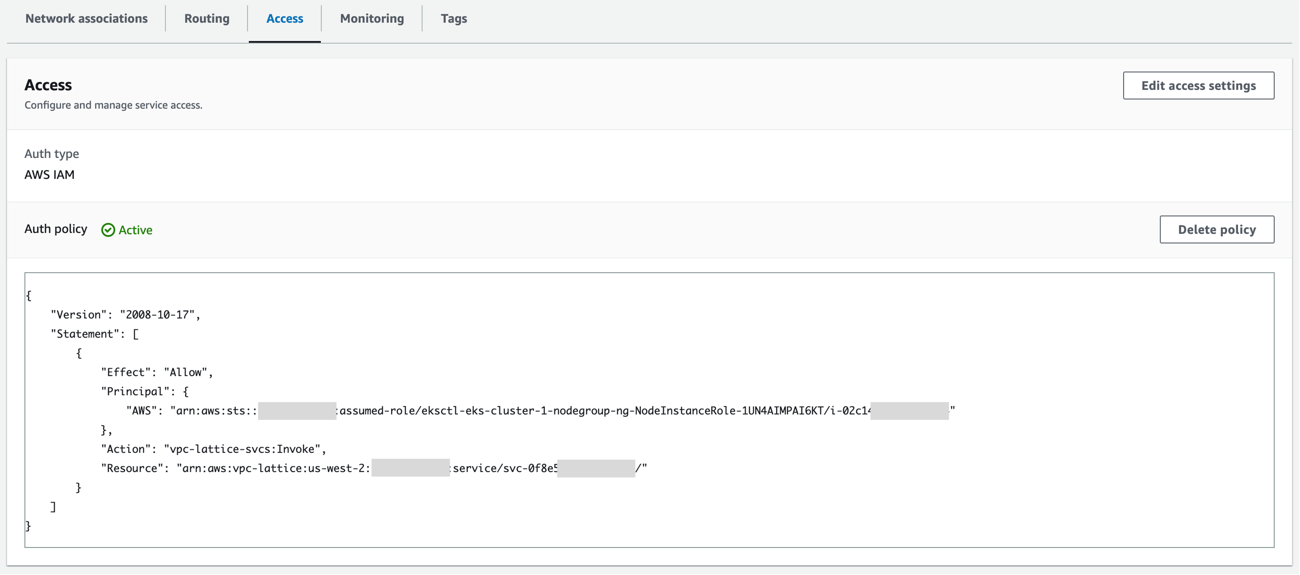 Service2 auth policy showing the Principal, Effect, Action, and Resource.