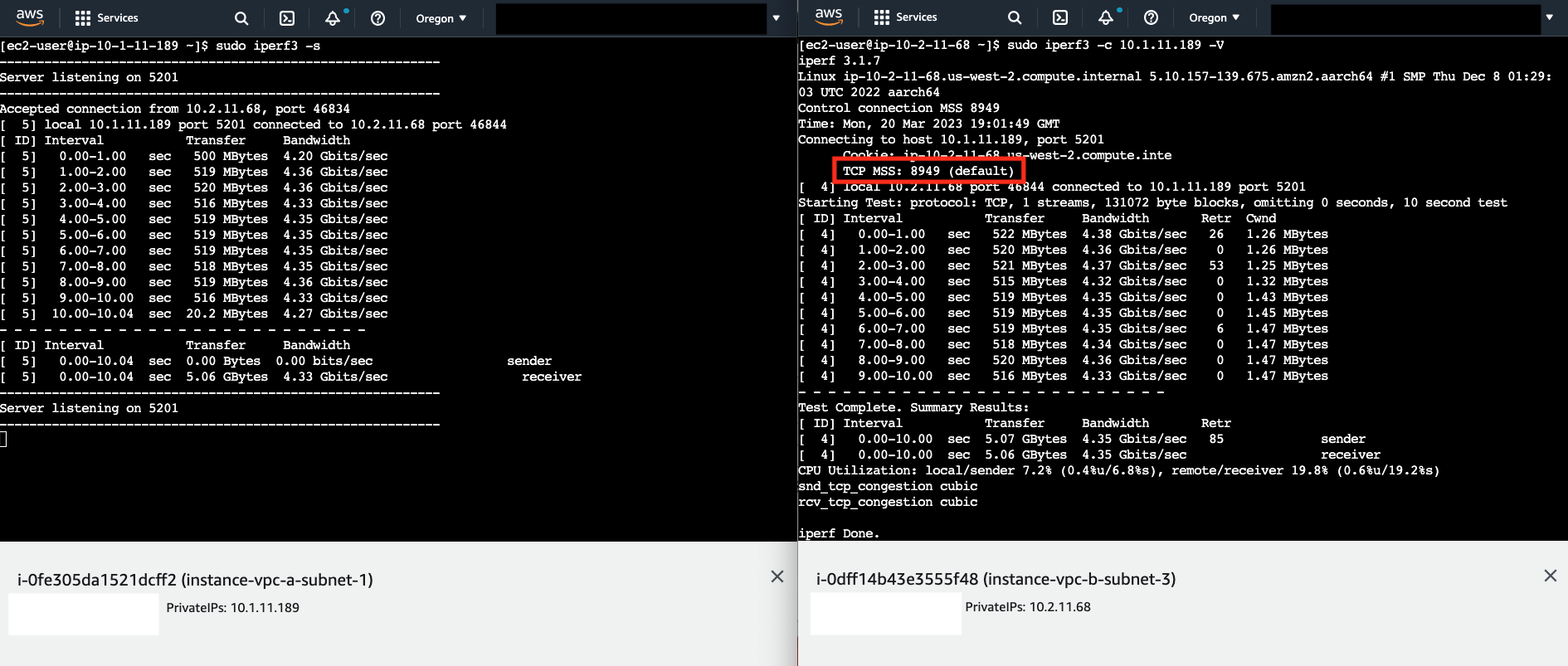 Figure 3: iPerf3 test over VPC Peering connection