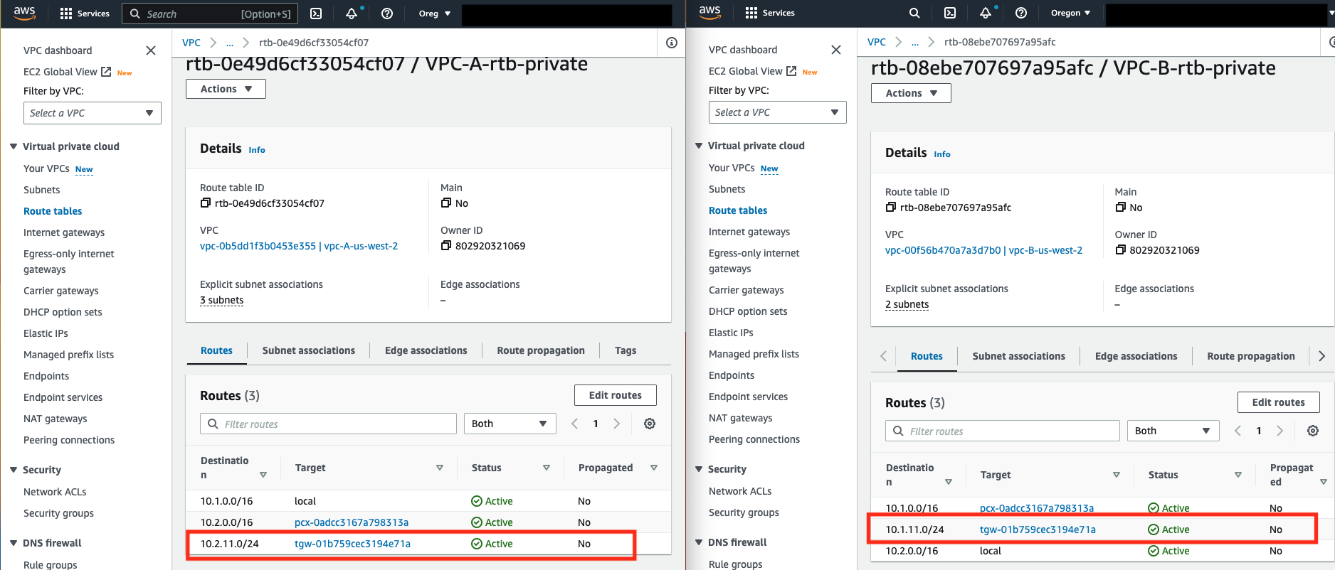 Figure 4: Routing Table updates for moving inter-subnet traffic to Transit Gateway