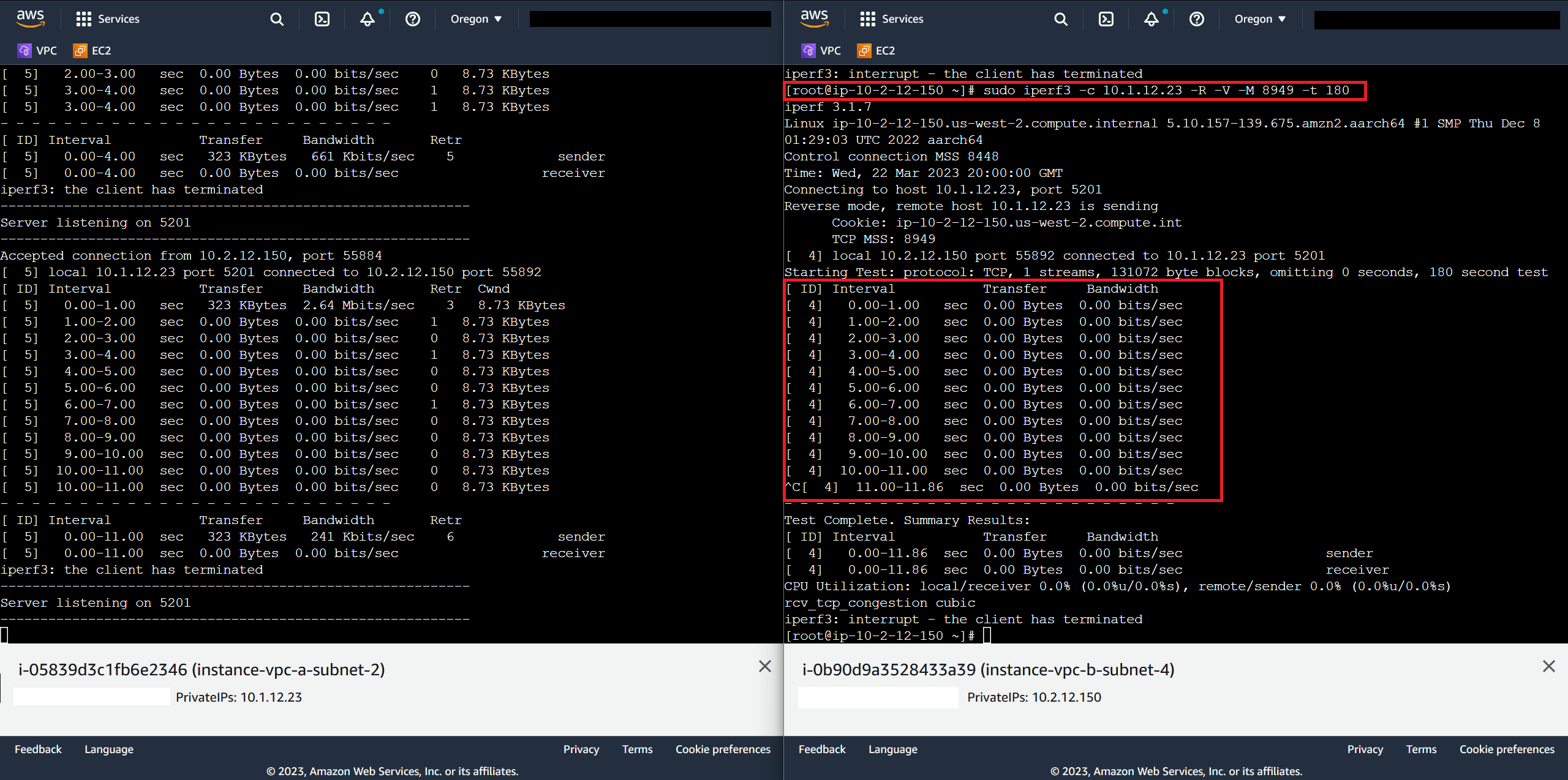 Figure 14: Reverse iPerf flow is dropped by Transit Gateway attachment in Subnet 2-VPC A 